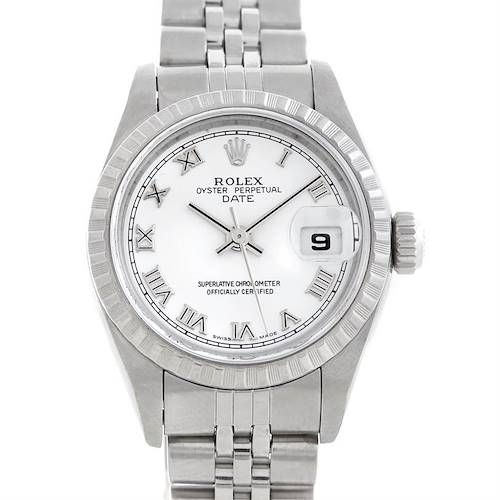 This image shows the front view of a Rolex Oyster Perpetual Date watch with a silver bracelet.