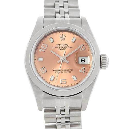 The image shows a Rolex Date 79160 Women's Stainless Steel Pink Dial 79160 Women's Stainless Steel Pink Dial model watch from a frontal angle, displaying its face, bracelet, and crown.