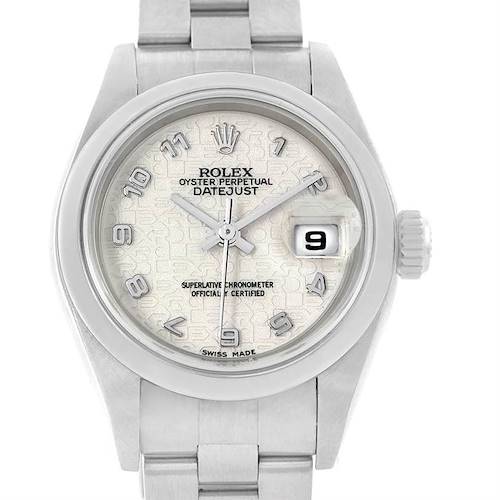 The image shows a front view of a Rolex Date 79160 Women's Stainless Steel Beige Dial 79160 Women's Stainless Steel Beige Dialjust watch, highlighting the dial, hour markers, hands, date window, and part of the bracelet.