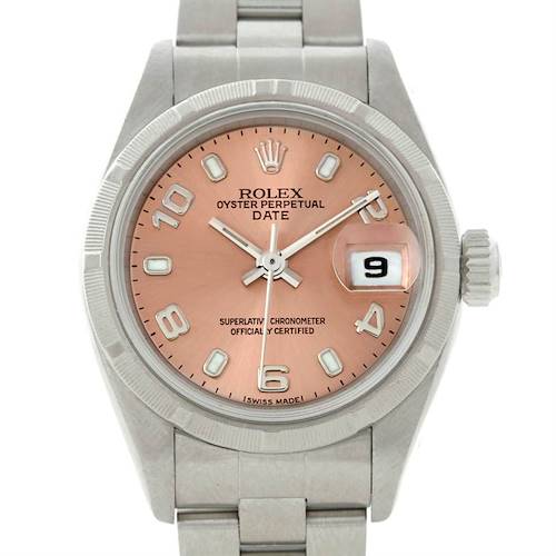 This image shows a frontal view of a Rolex Oyster Perpetual Date model with a pink dial and date window at the 3 o'clock position.