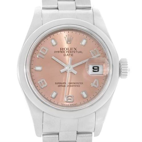 This image displays a close-up of the Rolex Oyster Perpetual Date, focusing on the face, bezel, and part of the bracelet.