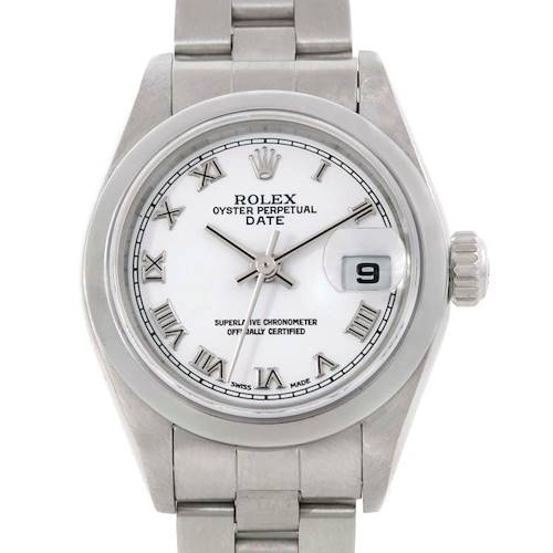 This image shows a Rolex Oyster Perpetual Date watch from the front, displaying the dial, hands, bracelet, and date window.