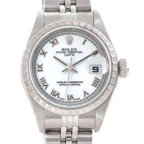 The image shows a front view of a Rolex Date 79240 Women's Stainless Steel White Dial 79240 Women's Stainless Steel White Dial model watch, displaying the face, bezel, and part of the bracelet.