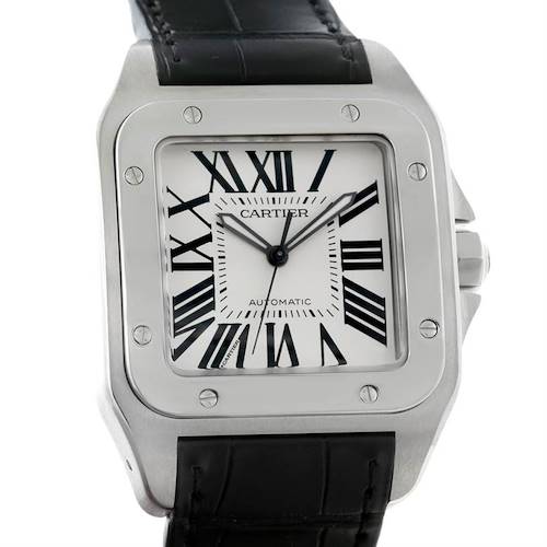 The image shows a top-front view of a Santos de Cartier watch, highlighting its square face, Roman numerals, and black leather strap.