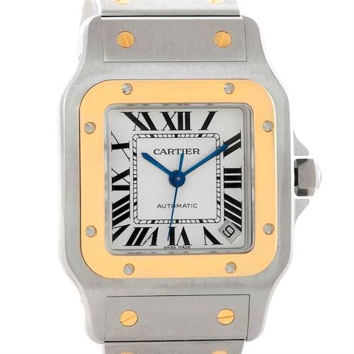 The Cartier Santos W20099C4 Men's Stainless Steel Silver Dial W20099C4 Men's Stainless Steel Silver Dial watch is shown from the front, highlighting its dial, bezel, and part of the bracelet.