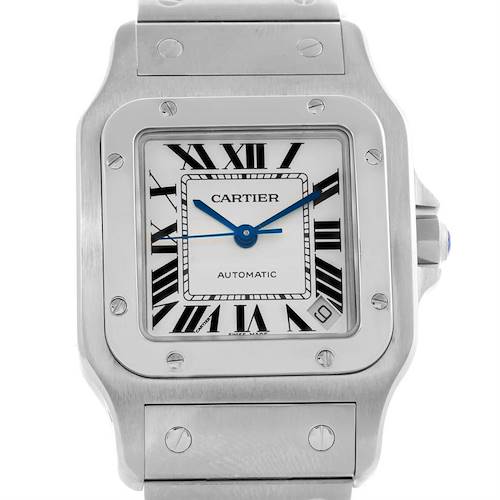 The image shows a front view of the Cartier Santos W20098D6 Men's Stainless Steel Silver Dial W20098D6 Men's Stainless Steel Silver Dial watch, highlighting the face, bezel, and part of the bracelet.
