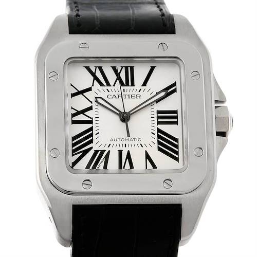 This image shows a front view of a Cartier Santos W20073X8 Men's Stainless Steel Silver Dial W20073X8 Men's Stainless Steel Silver Dial watch featuring its square face, Roman numerals, and leather strap.