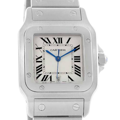 The image shows a front view of the Cartier Santos W20060D6 Men's Stainless Steel Silver Dial W20060D6 Men's Stainless Steel Silver Dial watch, displaying its face, bezel, and part of the bracelet.
