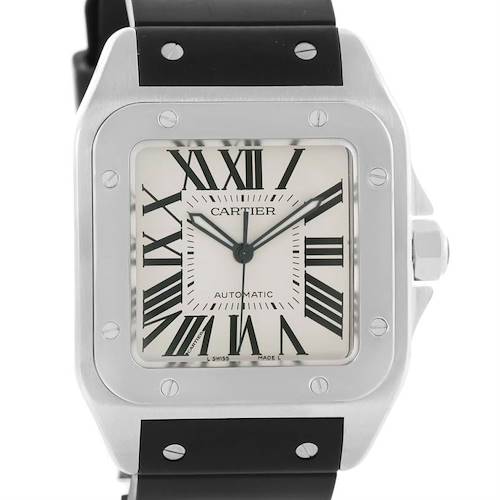 This Cartier Santos W20073X8 Men's Stainless Steel Silver Dial W20073X8 Men's Stainless Steel Silver Dial watch is shown from the front, highlighting its square face, Roman numerals, and part of the strap.
