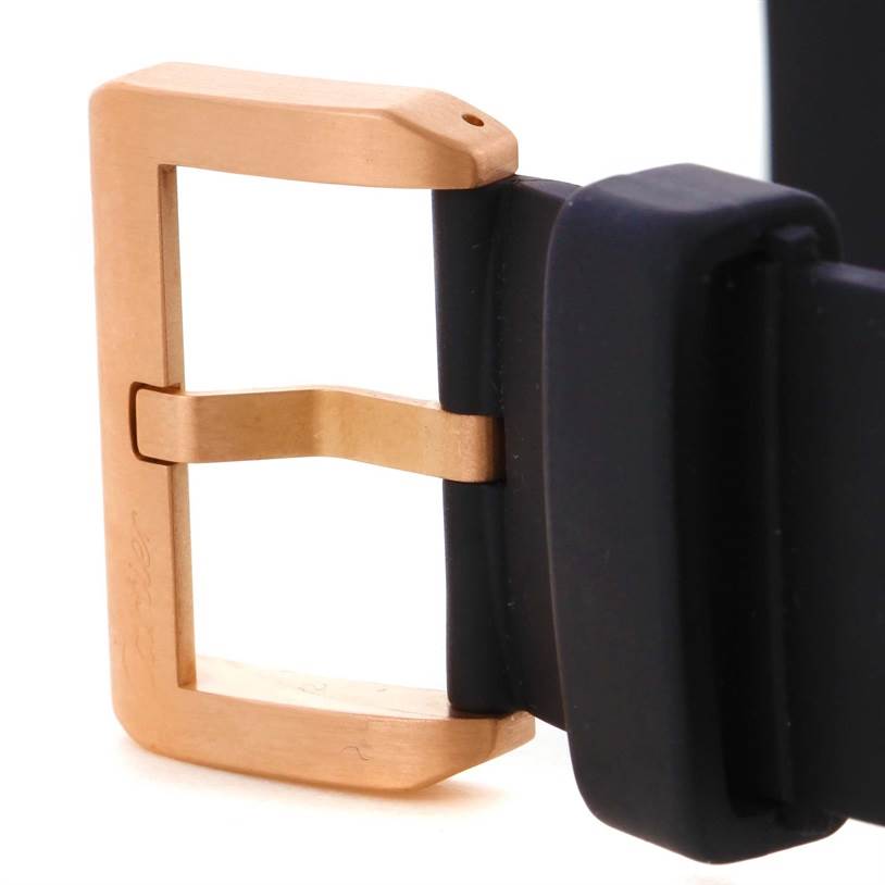 This image shows a close-up of the clasp and part of the strap of a Cartier Santos W20124U2 Men's Rose Gold Black Dial W20124U2 Men's Rose Gold Black Dial watch.