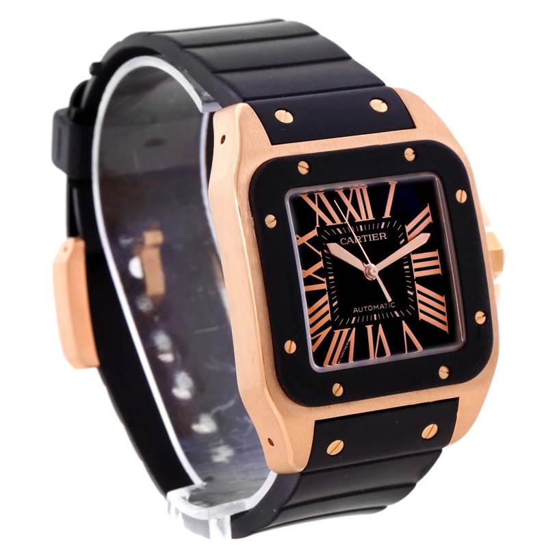 The image shows a Cartier Santos W20124U2 Men's Rose Gold Black Dial W20124U2 Men's Rose Gold Black Dial watch at a slight side angle, highlighting the face, bezel, case, and part of the strap.