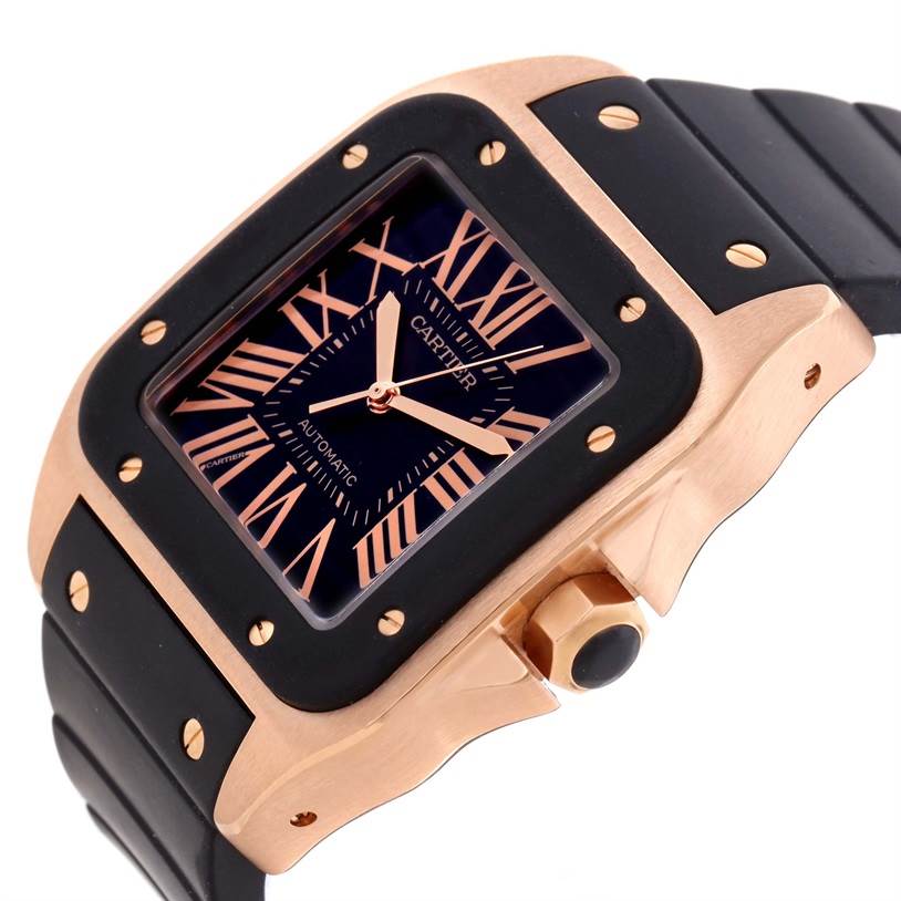 The image shows a Cartier Santos W20124U2 Men's Rose Gold Black Dial W20124U2 Men's Rose Gold Black Dial watch at an angled view, displaying its face, bezel, crown, and part of the strap.