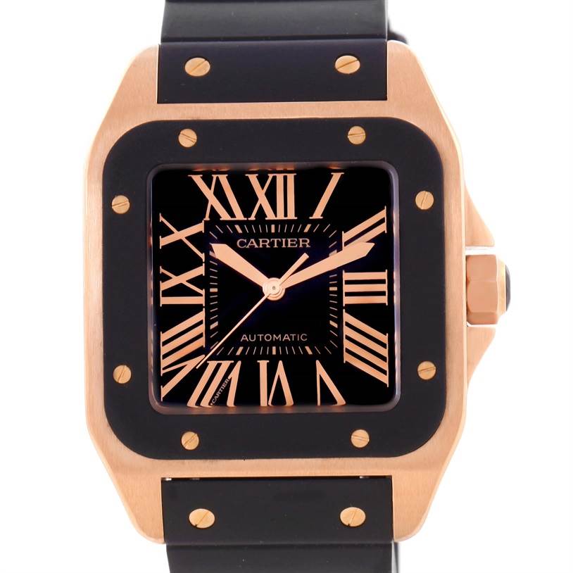 The image shows the front view of the Cartier Santos W20124U2 Men's Rose Gold Black Dial W20124U2 Men's Rose Gold Black Dial watch, with its dial, bezel, and part of the strap visible.