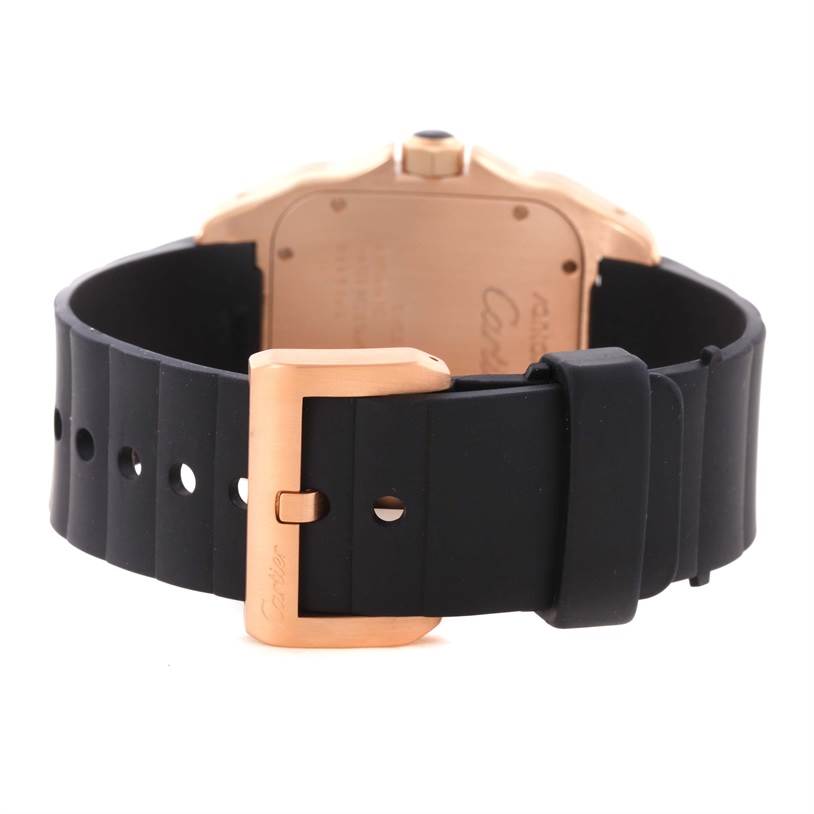This image shows the back view of the Cartier Santos W20124U2 Men's Rose Gold Black Dial W20124U2 Men's Rose Gold Black Dial watch with a black strap and a rose gold buckle.