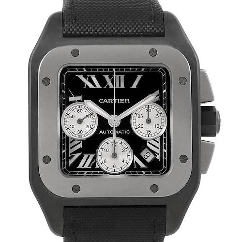 This is a front view of a Cartier Santos W2020005 Men's Titanium Black Dial W2020005 Men's Titanium Black Dial model watch, showcasing the face, bezel, and part of the strap.