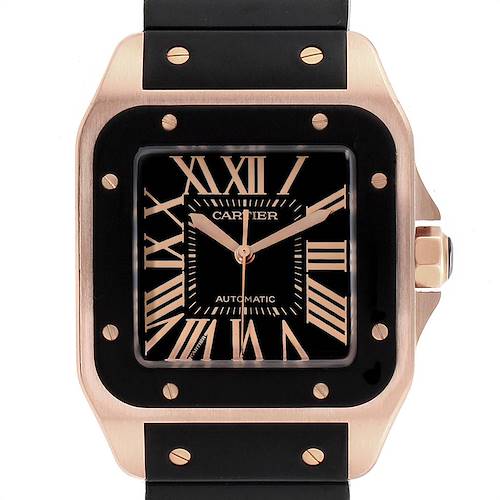 The image shows a front view of the Cartier Santos W20124U2 Men's Rose Gold Black Dial W20124U2 Men's Rose Gold Black Dial model watch, highlighting its face, bezel, and strap with screws.