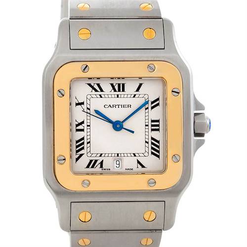 The image shows a Santos model by Cartier taken from a front angle, displaying the watch face, bezel, and part of the bracelet.