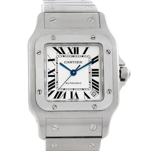 The image shows a frontal view of the Cartier Santos W20098D6 Men's Stainless Steel Silver Dial W20098D6 Men's Stainless Steel Silver Dial watch, displaying its dial, bezel, and part of the bracelet.