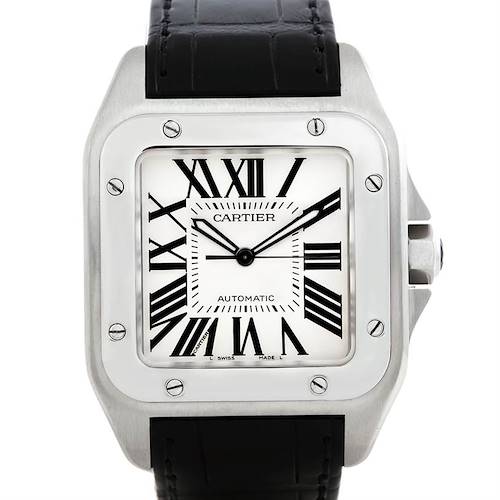 The image shows a front view of a Cartier Santos W20073X8 Men's Stainless Steel Silver Dial W20073X8 Men's Stainless Steel Silver Dial watch with a white dial and black leather strap.