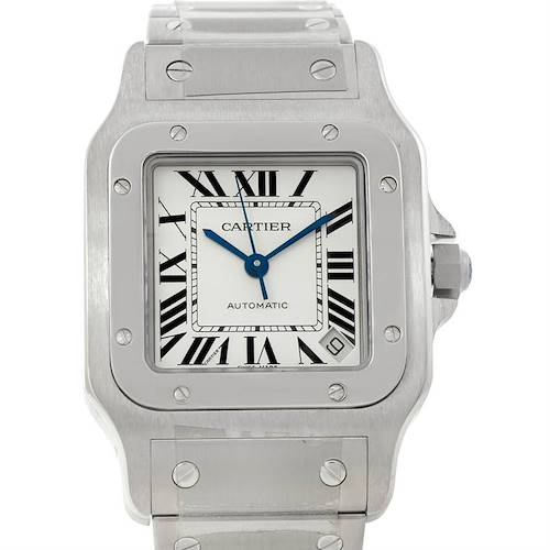 The image shows a frontal view of the dial, bezel, and part of the bracelet of the Cartier Santos W20098D6 Men's Stainless Steel Silver Dial W20098D6 Men's Stainless Steel Silver Dial model watch.