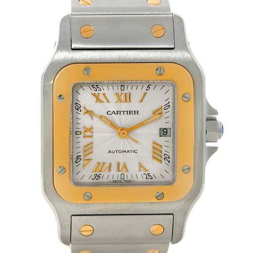 This image shows a frontal view of the Cartier Santos W20058C4 Men's Stainless Steel Silver Dial W20058C4 Men's Stainless Steel Silver Dial watch, including its face, bezel, crown, and bracelet.