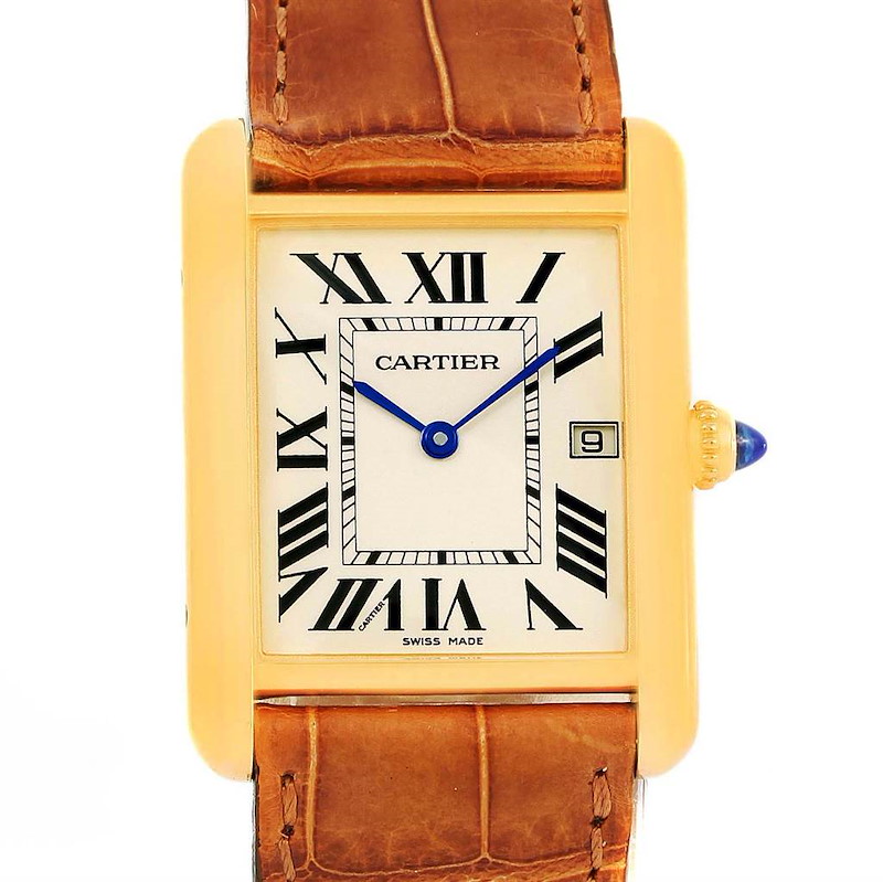 This image shows a frontal view of a Tank Louis watch by Cartier, featuring a gold case and brown leather strap.