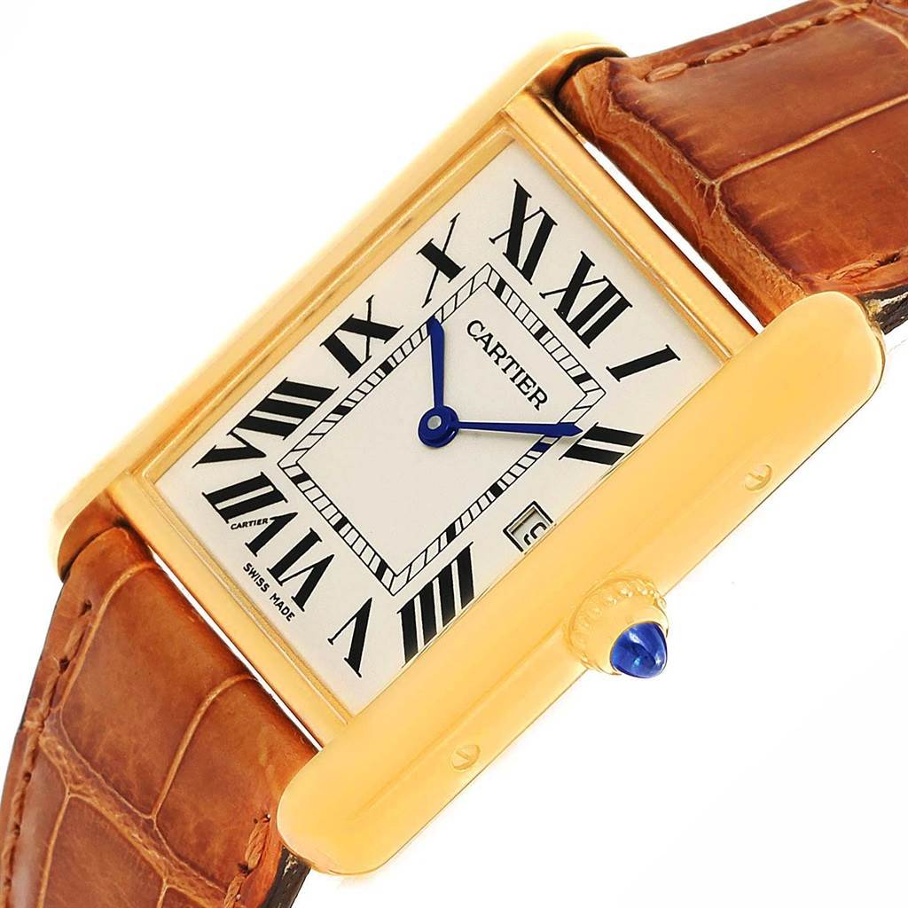 The image shows a close-up of a Cartier Tank Louis W1529756 Men's Yellow Gold Silver Dial W1529756 Men's Yellow Gold Silver Dial watch face and part of its brown leather strap at a slight angle.
