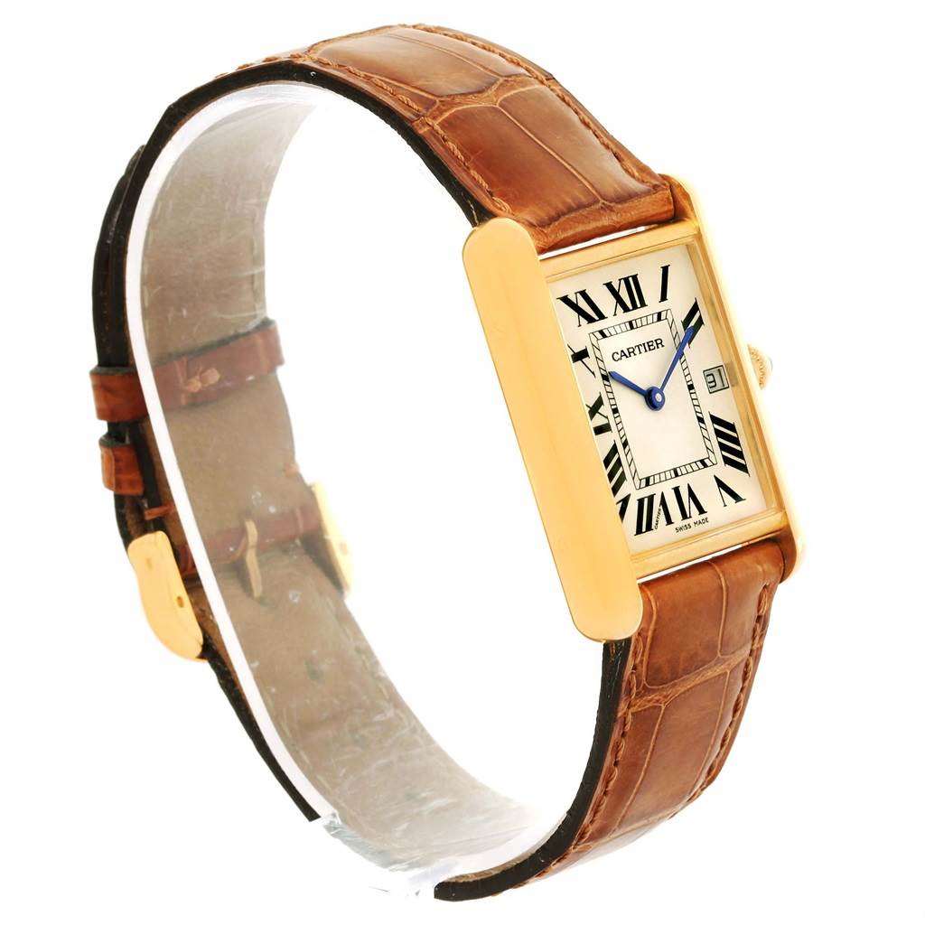 The image shows a side angle of a Cartier Tank Louis W1529756 Men's Yellow Gold Silver Dial W1529756 Men's Yellow Gold Silver Dial watch, highlighting its rectangular face, brown leather strap, and gold case.