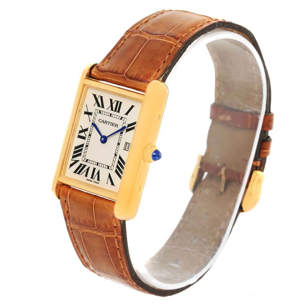 The image shows a Cartier Tank Louis W1529756 Men's Yellow Gold Silver Dial W1529756 Men's Yellow Gold Silver Dial watch at a slight side angle, highlighting its face, bezel, and leather strap.