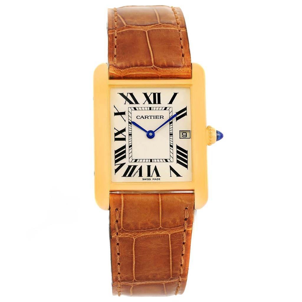 The Cartier Tank Louis W1529756 Men's Yellow Gold Silver Dial W1529756 Men's Yellow Gold Silver Dial watch is shown from a top view, displaying the face, hands, leather strap, and crown.