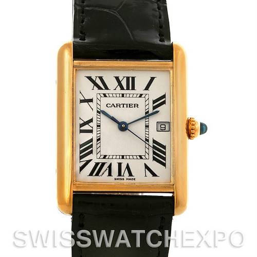 The image shows a front view of the Cartier Tank Louis W1529756 Men's Yellow Gold Silver Dial W1529756 Men's Yellow Gold Silver Dial watch, displaying its face, Roman numerals, and strap.