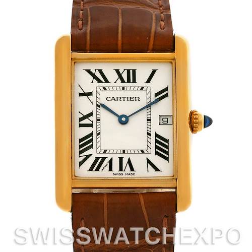 The image shows a front view of the Cartier Tank Louis W1529756 Men's Yellow Gold Silver Dial W1529756 Men's Yellow Gold Silver Dial watch, highlighting its face, strap, and crown.