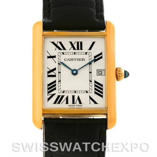 This image shows a front view of the Cartier Tank Louis W1529756 Men's Yellow Gold Silver Dial W1529756 Men's Yellow Gold Silver Dial watch, highlighting its rectangular gold case, black leather strap, and Roman numeral dial.