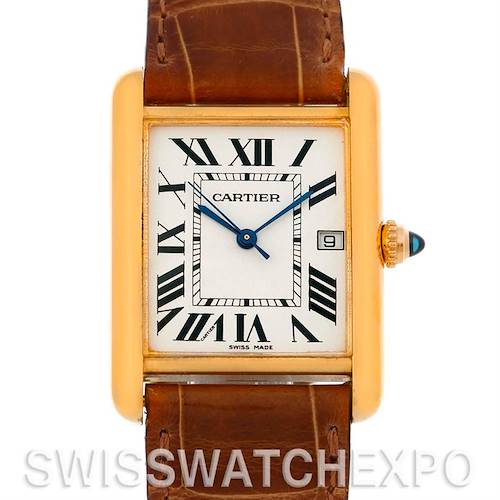 This image shows a front view of the Cartier Tank Louis W1529756 Men's Yellow Gold Silver Dial W1529756 Men's Yellow Gold Silver Dial watch, showcasing its face, brown leather strap, and crown.