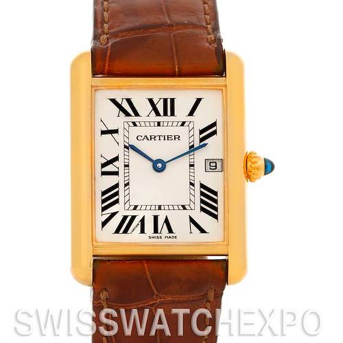 The image shows a front view of a Cartier Tank Louis W1529756 Men's Yellow Gold Silver Dial W1529756 Men's Yellow Gold Silver Dial watch with a rectangular gold case and brown leather strap.