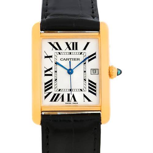 This is a front view of the Tank Louis model by Cartier, showing the dial, hands, case, crown, and watch strap.
