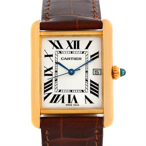 The image shows a front view of a Cartier Tank Louis W1529756 Men's Yellow Gold Silver Dial W1529756 Men's Yellow Gold Silver Dial watch, featuring its rectangular face, roman numerals, and leather strap.