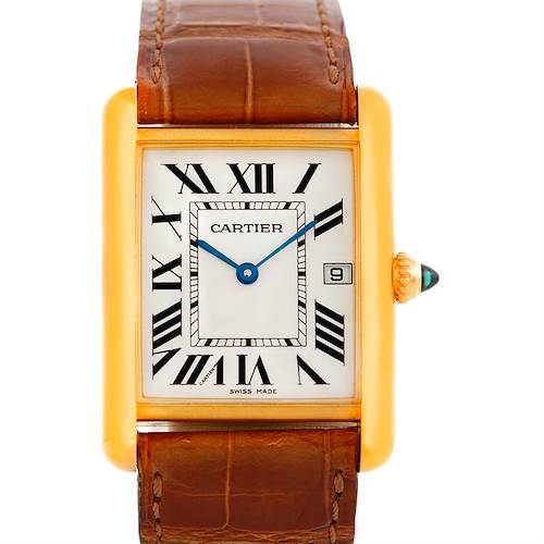 The image shows a front view of the Cartier Tank Louis W1529756 Men's Yellow Gold Silver Dial W1529756 Men's Yellow Gold Silver Dial watch, displaying its rectangular dial, Roman numerals, and brown leather strap.