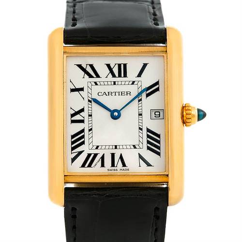 The image shows a front view of the Cartier Tank Louis W1529756 Men's Yellow Gold Silver Dial W1529756 Men's Yellow Gold Silver Dial watch, highlighting the face, gold case, blue hands, crown, and black leather strap.