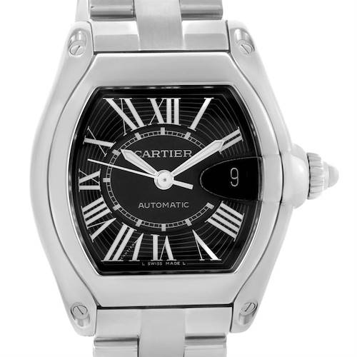 The image shows a Cartier Roadster W62041V3 Men's Stainless Steel Black Dial W62041V3 Men's Stainless Steel Black Dial model watch from a front view, highlighting its face, bezel, and part of the bracelet.