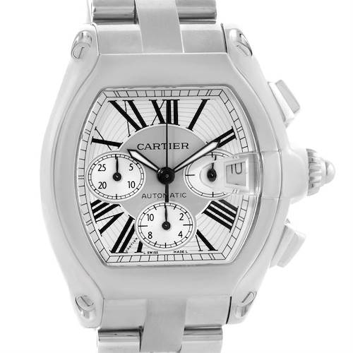 This Cartier Roadster W62019X6 Men's Stainless Steel Silver Dial W62019X6 Men's Stainless Steel Silver Dial watch is shown from the front, displaying its dial, hour markers, hands, three sub-dials, and part of the bracelet.