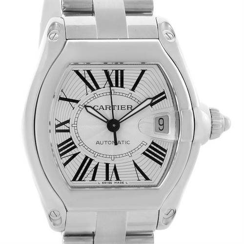 The image shows a frontal view of the Cartier Roadster W62025V3 Men's Stainless Steel Silver Dial W62025V3 Men's Stainless Steel Silver Dial watch, displaying the case, dial, hands, and part of the bracelet.
