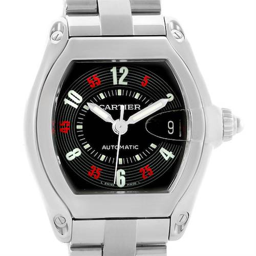 The image shows a Cartier Roadster W62002V3 Men's Stainless Steel Black Dial W62002V3 Men's Stainless Steel Black Dial watch's face and part of its silver bracelet, viewed from the front angle.