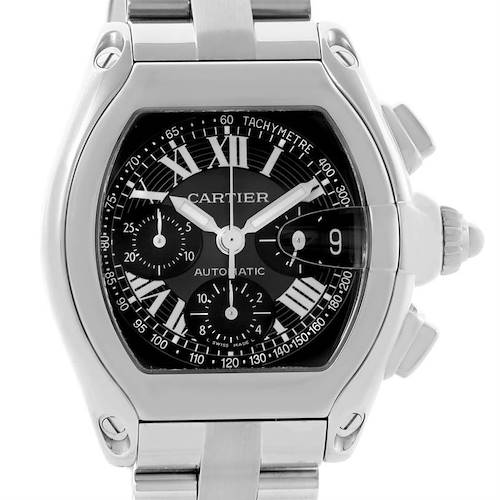 The image shows a frontal view of the Cartier Roadster W62007X6 Men's Stainless Steel Black Dial W62007X6 Men's Stainless Steel Black Dial watch, highlighting its dial, bezel, and bracelet.