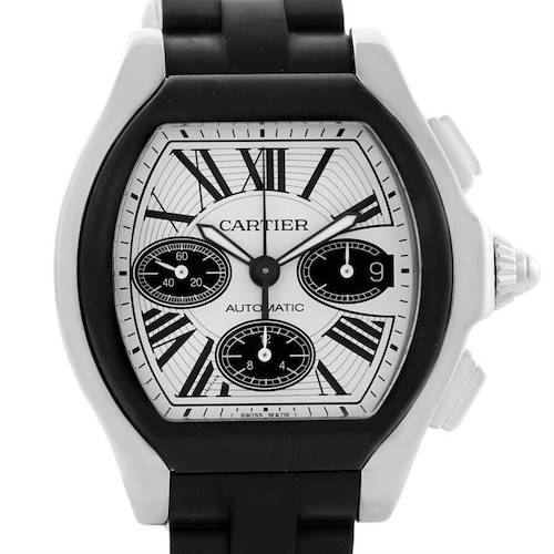 The image shows a front view of the Cartier Roadster W6206020 Men's Stainless Steel Silver Dial W6206020 Men's Stainless Steel Silver Dial watch, displaying its dial, case, and rubber strap.