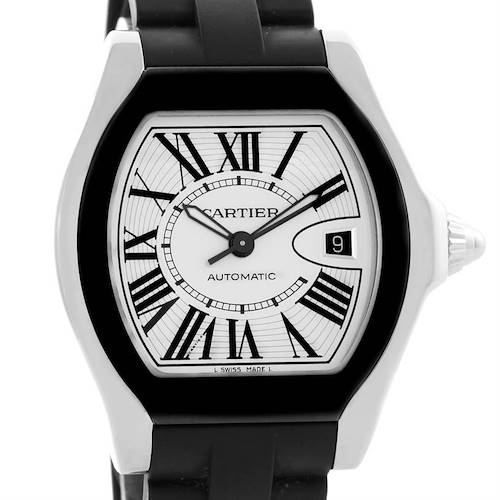 The Cartier Roadster W6206018 Men's Stainless Steel Silver Dial W6206018 Men's Stainless Steel Silver Dial watch is shown from a front angle, displaying its face, black strap, and crown.