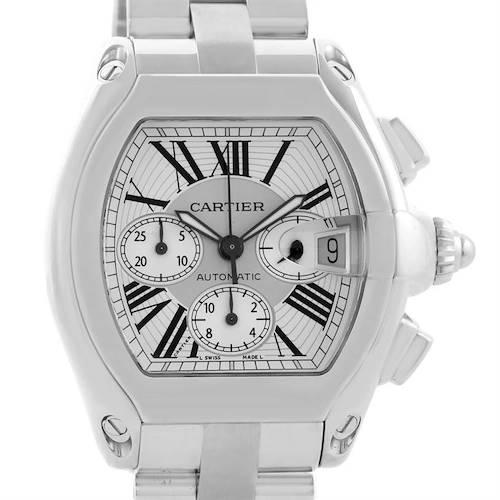 This is a frontal view of the Cartier Roadster W62019X6 Men's Stainless Steel Silver Dial W62019X6 Men's Stainless Steel Silver Dial watch, showcasing the dial, two subdials, date window, and bracelet.