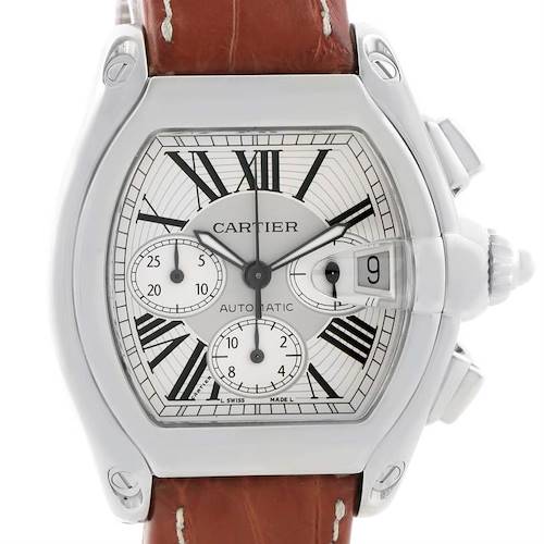 The image shows a Cartier Roadster W62019X6 Men's Stainless Steel Silver Dial W62019X6 Men's Stainless Steel Silver Dial watch from a straight-on angle, displaying the face, dial, date, and part of the brown leather strap.
