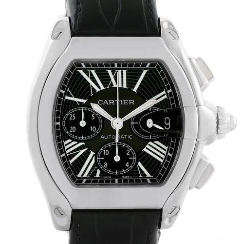 The image shows a Cartier Roadster W62020X6 Men's Stainless Steel Black Dial W62020X6 Men's Stainless Steel Black Dial watch from a front-facing angle, displaying the dial, subdials, and part of the strap.