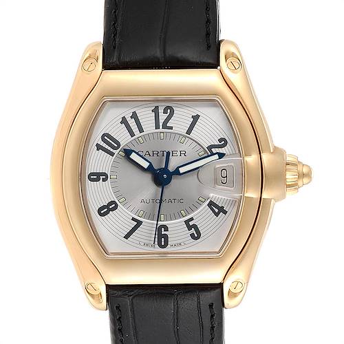 This is a front view of the Cartier Roadster W62005V2 Men's Yellow Gold Silver Dial W62005V2 Men's Yellow Gold Silver Dial watch, showing the dial, hands, case, crown, and a black leather strap.